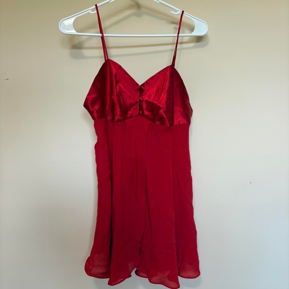 Y2K Red satin slip dress with button front
